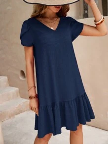 SHEIN Clasi 女士度假休闲纯色花瓣袖连衣裙 - 藏蓝色 - 查看 4