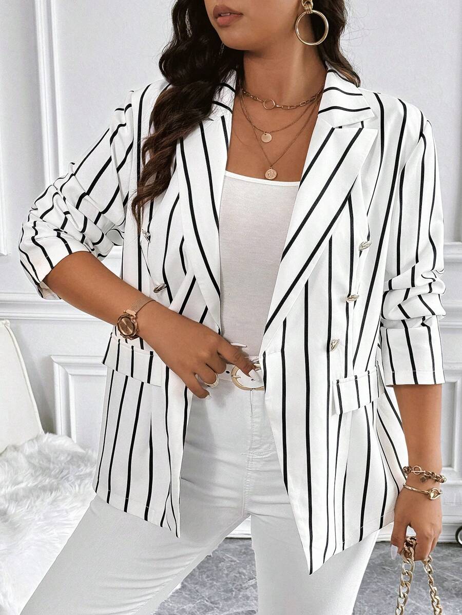 Calvaya Áo khoác Blazer dài tay giản dị tối giản sọc đen trắng cỡ lớn cho nữ - Đen và trắng - Xem 1