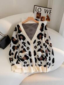 SHEIN EZwear Plus Size Leopard Print Sweater Coat For Autumn & Winter - Brown - View 1