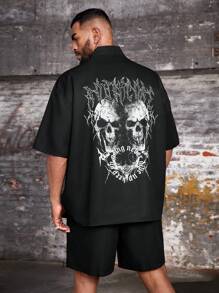 Manfinity LEGND Plus Size Men's Solid Color Simple Daily Short Sleeve Shirt And Printed Shorts Set,Halloween Clothes