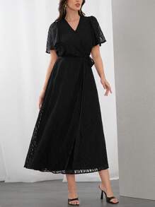 Modelyn 女士网眼荷叶边短袖连衣裙长款晚礼服 - 黑色 - 查看 6