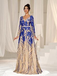 Faeriesty Deep V-Neck Backless Tie Sequin Formal Ball Gown - Royal Blue - View 5