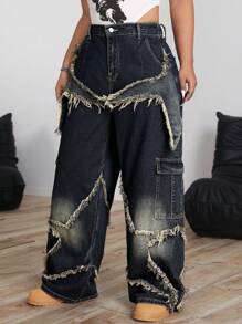 SHEIN ICON Quần Jeans Boyfriend ống rộng, túi tua rua chắp vá cỡ lớn dành cho nữ - Màu xanh lam - Xem 6