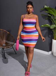 Slaydiva 大码休闲吊带彩色条纹仿坑布全印花迷你紧身连衣裙女装-H，适合夏季 - 彩色 - 查看 3