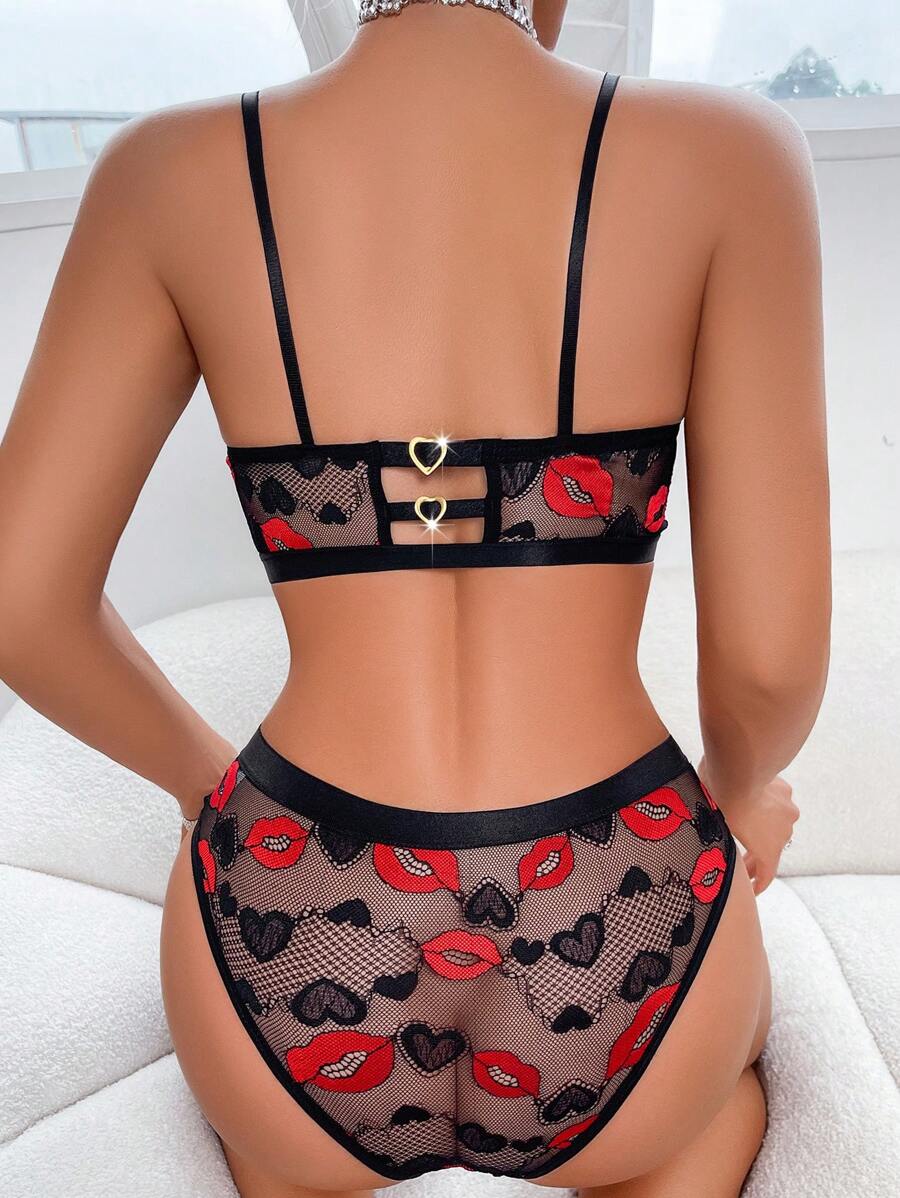 2pcs/Set Romantic Lace Wireless Sheer Sexy Lingerie Bra And Panty Set - Black - View 1