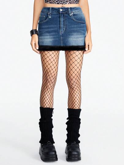 Grunge Punk Minifalda de mezclilla para damas con bordado de cruz y parche de estilo punkWasteland