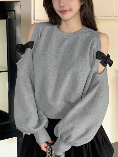 DAZY 女式超大号蕾丝套头衫，带镂空肩部领带蝴蝶结细节，长袖上衣，秋季女装