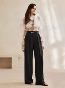 Anewsta 优雅都市风格纯色阔腿裤 - 黑色 - 查看 4