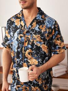 男士中国龙印花单排扣短袖上衣和裤子睡衣套装 - 彩色 - 查看 5