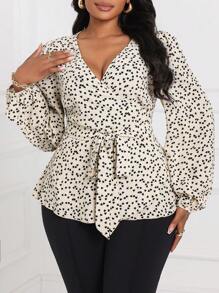 SHEIN Lady 夏季上衣 大码女式杏色系带蝴蝶结心形印花长袖裹身衬衫上衣 教师衬衫 豹纹衬衫 女式工作衬衫 女式衬衫 秋季女装 长袖女式衬衫 外出服 办公室服装