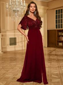 Đầm dạ hội UNITHORSE bằng chiffon đính sequin, màu đen thanh lịch, thích hợp cho lễ tốt nghiệp, tiệc chiêu đãi, váy cưới, tiệc sinh nhật, dạ hội. - Màu Đỏ Sâu - Xem 5