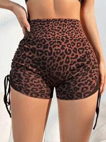 Menodora SHEIN Sport Leopard Print Drawstring Side Sports ShortsWomen Sweat Short, Gym Short, Biker Short - Coffee Brown - View 6