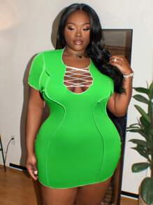 Maweii Plus Size Fashionable Solid Color Short Sleeve Hollow Out Chest Design Dress For Women - Green - View 4