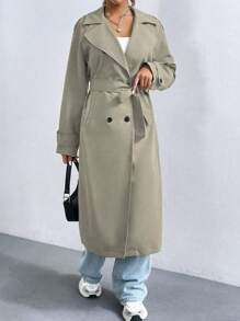 SHEIN Unity 女士纯色简约休闲翻领纽扣长袖风衣 - 卡其色 - 查看 4
