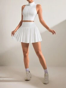 SHEIN Sport Studio Women's Solid Color Zipper Front Stand Collar Vest And Pleated Skirt Sportswear Set Workout Women Setwomen Workout Set