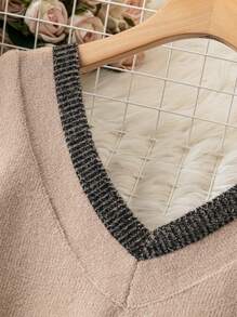 Plus Size Striped Trim Sweater Vest, Autumn - Khaki - View 4