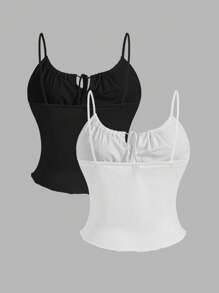 Flirla 2pcs Plain Plus Size Tank Tops With Front Middle Drawstring And Ruffled Hem - Multicolor - View 2