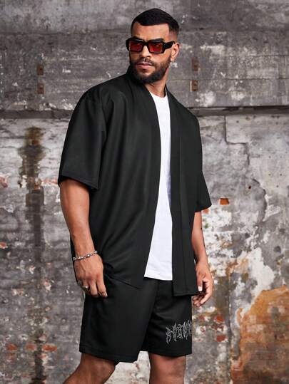 Manfinity LEGND Plus Size Men's Solid Color Simple Daily Short Sleeve Shirt And Printed Shorts Set,Halloween Clothes