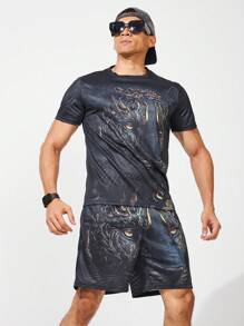 Manfinity Sport Corelite Conjunto deportivo de hombre con estampado animal, de manga corta y pantalón corto, conjunto de gimnasio y entrenamiento - Gris - Ver 3