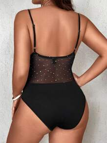 NU&NOW Bodysuit Renda Tanpa Lengan Ukuran Besar dengan Tali Bahu Tipis, Tanpa Punggung, dan Dekorasi Berkilau - Hitam - View 2