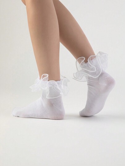 Kawaii Women's Cute Sweet Beaded Ruffle Lace Trim Crew Socks