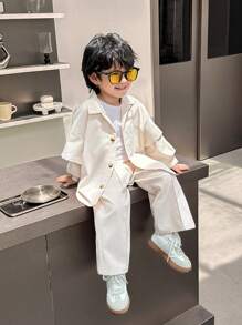 SHEIN Little Byeori 2pcs Young Boys Korean Style Casual College Oversized Solid Color 2 In 1 Long Sleeve Collar Pocket Cardigan Shirt And Elastic Waist Straight Leg Pants Set, Suitable For Outings, School, Festivals, Parties, Fleece Thickened - Khaki - View 4