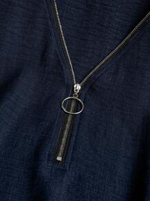 EMERY ROSE Women Summer Solid Color V-Neck Zip-Up Blouse - Navy Blue - View 4