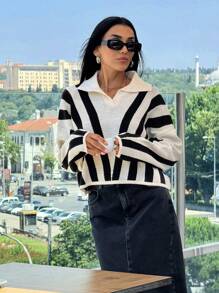 SHEIN Pull à épaules tombantes avec col en forme irrégulière et rayures pour femmes