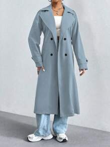 Flirla Women's Solid Color Minimalist Casual Turndown Collar Button Long Sleeve Trench Coat