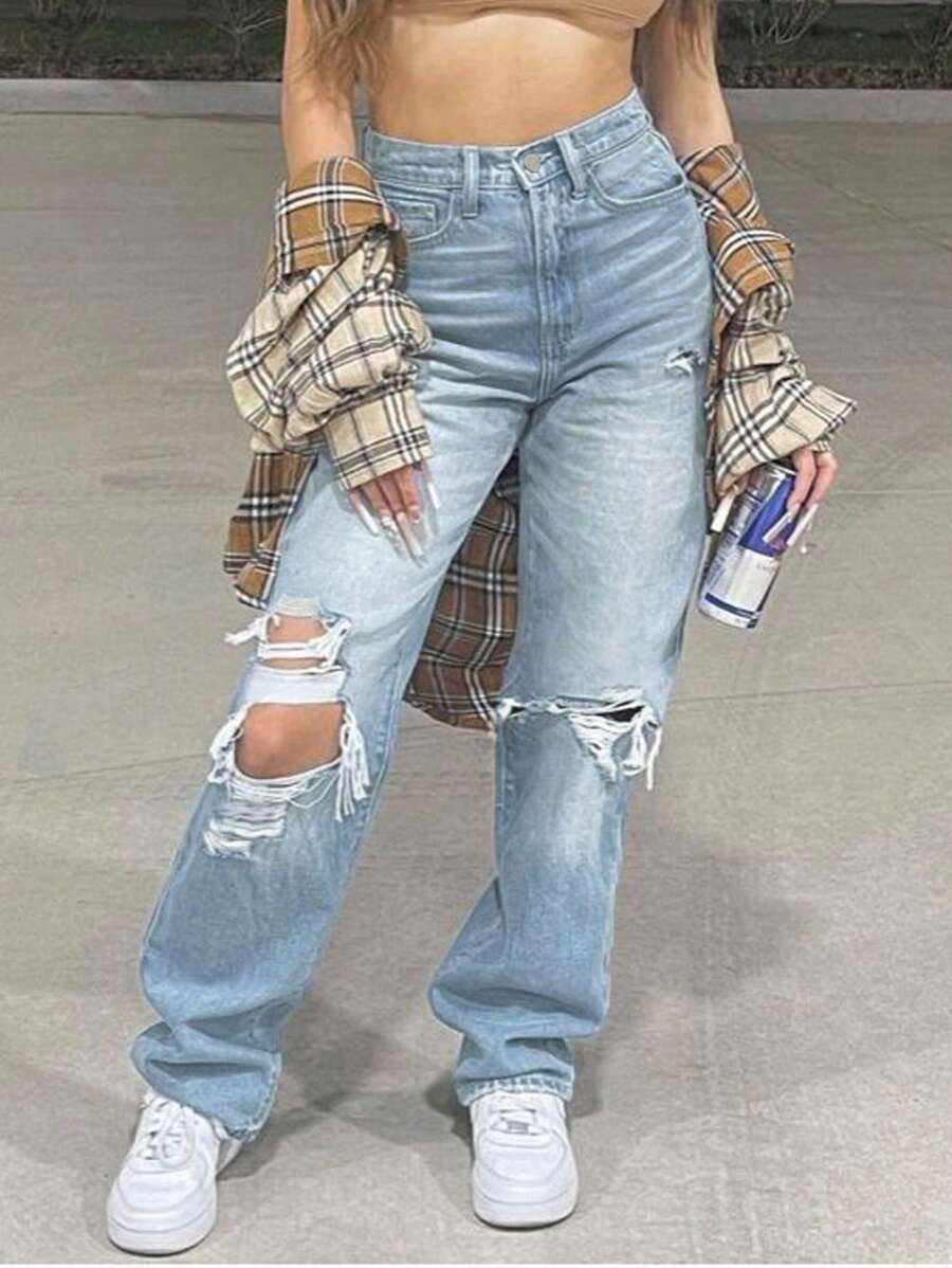 Casual Washed Ripped High Waist Straight Leg Jeans - Light Wash - View 1