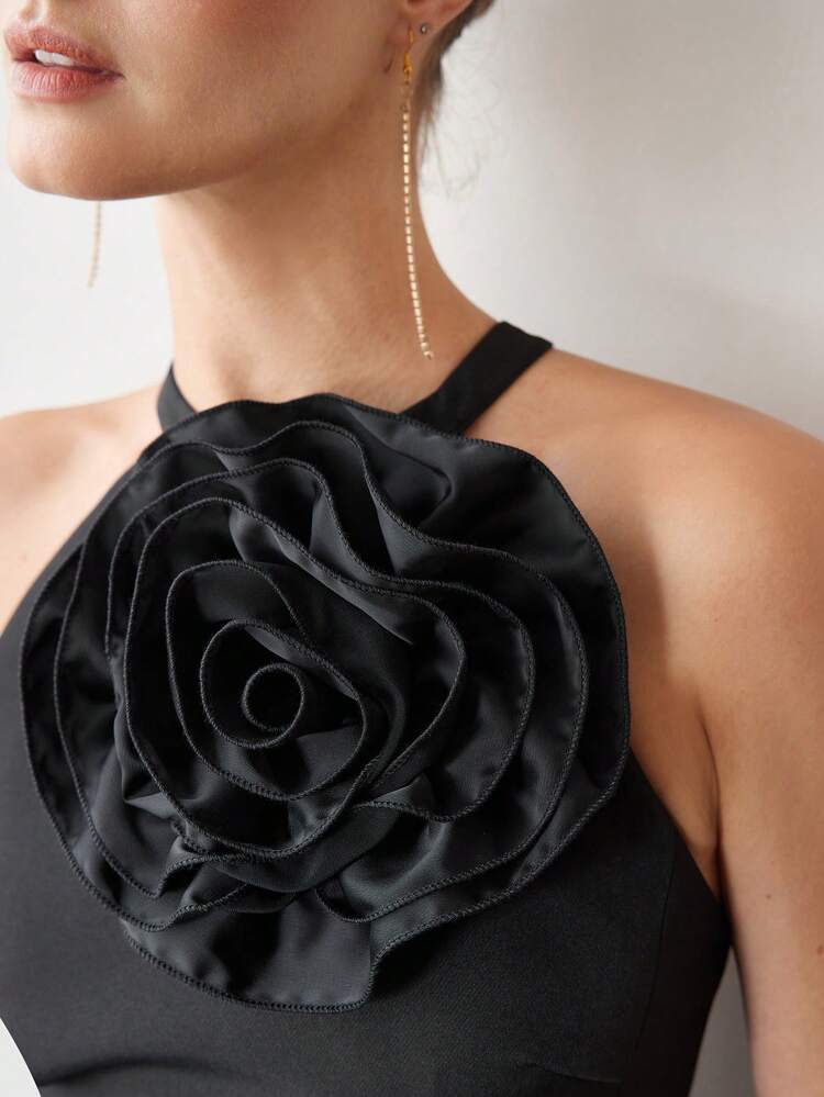 STEREO FLOWER DETAIL HALTER NECK OPEN BACK SPLIT THIGH DRESS