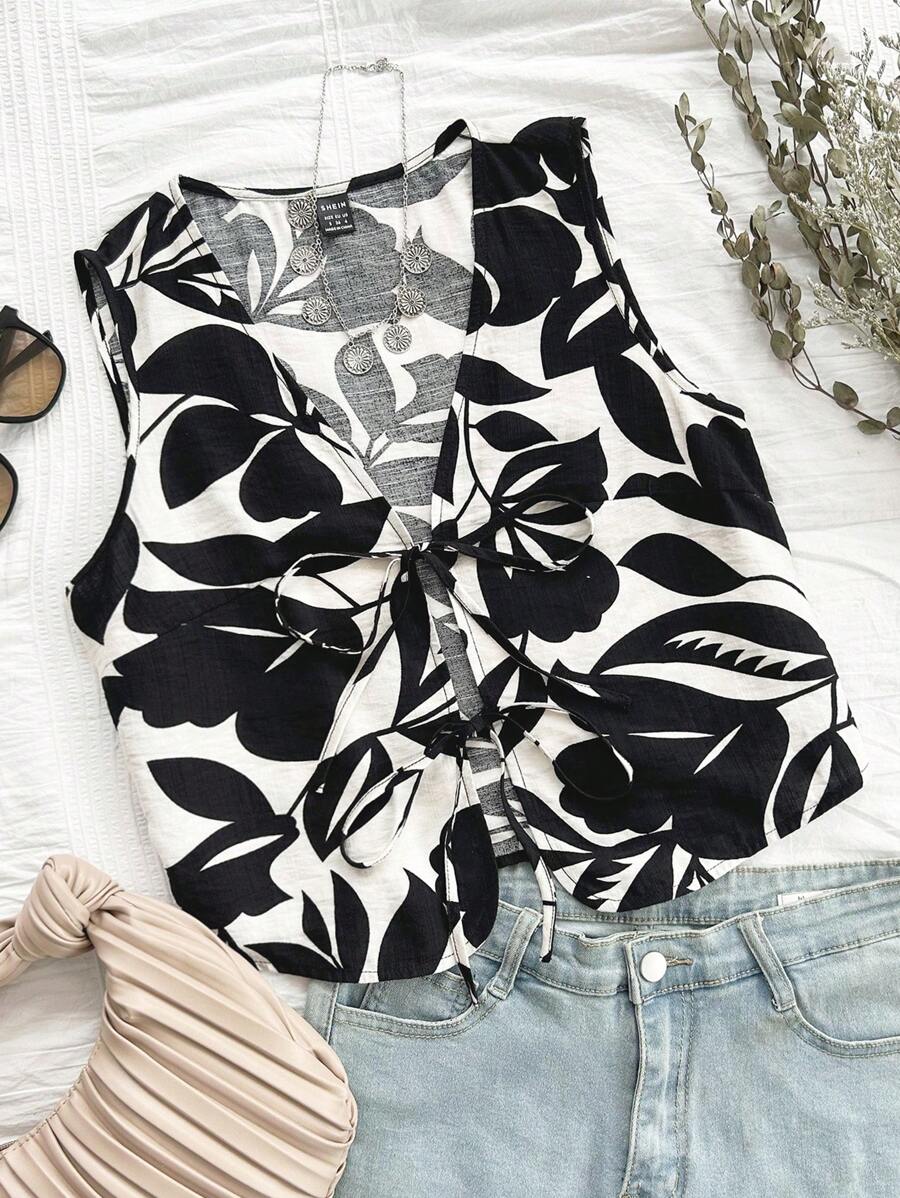 Soleia 女士度假系带纯色印花黑色背心衬衫 - 彩色 - 查看 1