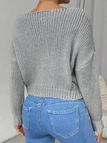 Chiquease Women's Solid Color V-Neck Sheer Knit Sweater Daily Casual, Knit Pullover Fall Winter - Grey - View 2