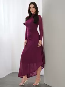 Modelyn 女士纯色立领不对称下摆连衣裙，春夏，优雅晚会礼服长款晚礼服 - 紅色 - 查看 8