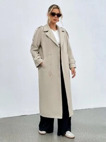 SHEIN Unity Women's Solid Color Double-Breasted Long Woollen Coat, Autumn Winter Fall Cloth For Women - Apricot - View 6