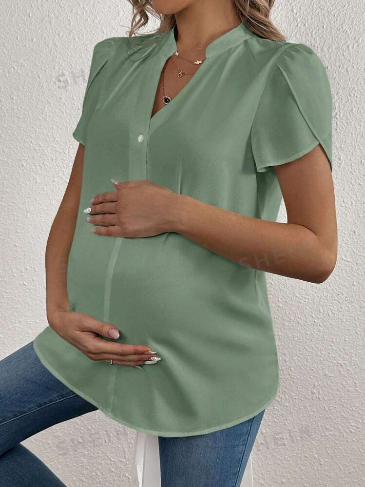 SHEIN Maternity Solid Color Simple Daily Short Sleeve Shirt SHEIN UK