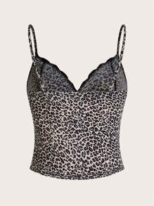 SHEIN ICON 豹纹蕾丝拼接开衩夏季吊带背心 - 灰色 - 查看 2