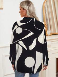SHEIN LUNE Heart Pattern Polo Collar Long Sleeve Casual Shirt - Black and White - View 2