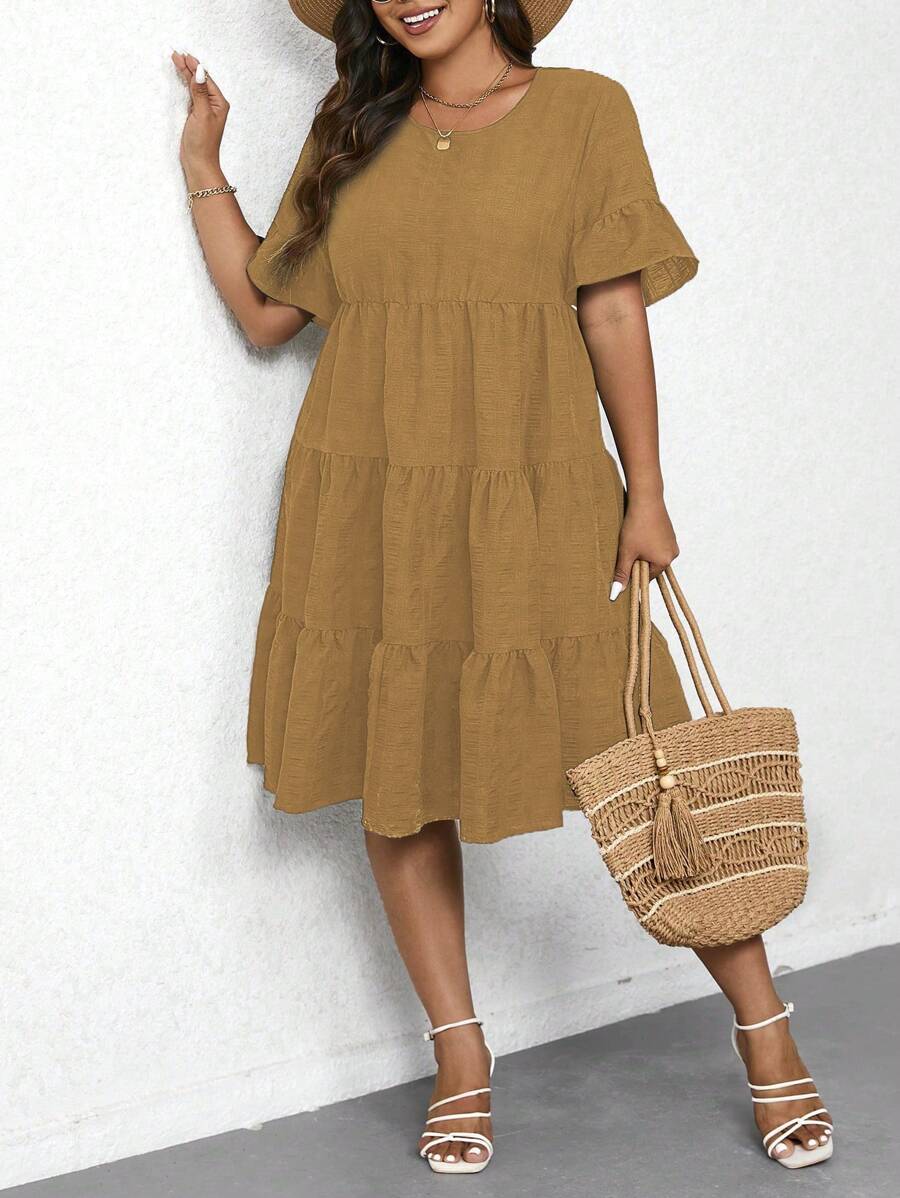 SHEIN LUNE Plus Size Casual Solid Color Ruffle Hem Dress - Brown - View 1