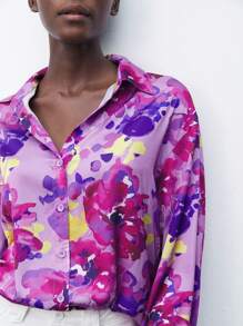 Maija Women's Random Print Simple Everyday Long Sleeve Button-Up Shirt - Purple - View 6