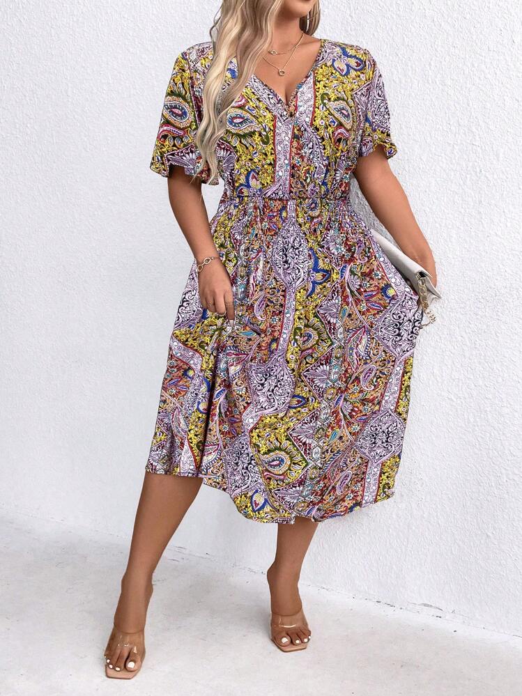SHEIN Clasi Vestido casual sencillo de manga corta con cuello en V y estampado floral para mujer de talla grande - Naranja - Añade 3
