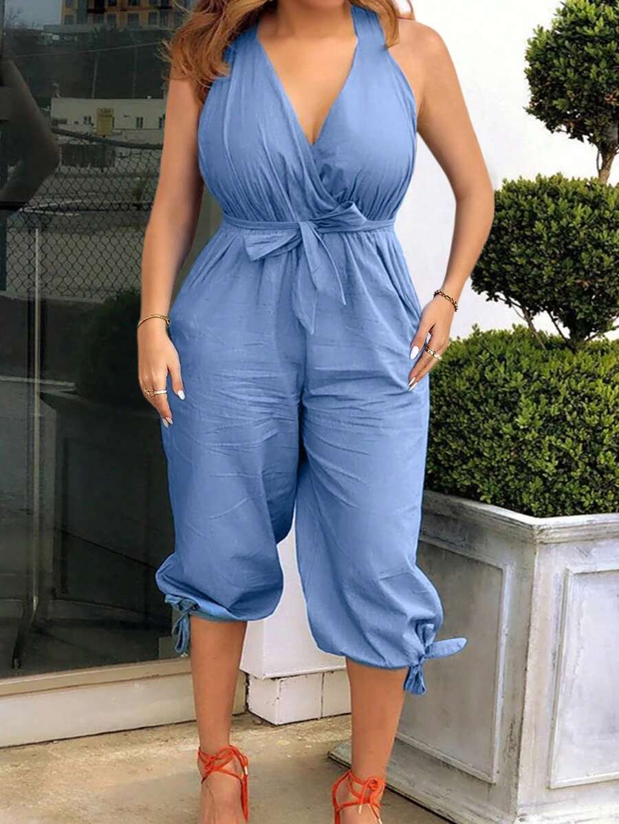 SHEIN LUNE 夏季大尺碼純色綁頸腰帶無袖連體褲 - 藍色 - 查看 1