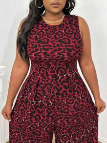 Slaydiva Plus Size Dzianinowy kombinezon z zabudowanym dekoltem, bez rękawów i nadrukiem w panterkę oraz z szerokimi nogawkami