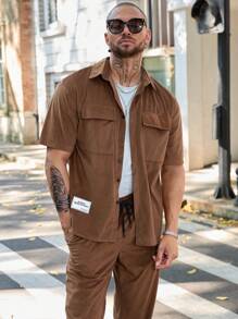 Manfinity Homme Men's Summer Solid Color Cargo Pocket Short Sleeve Shirt And Casual Pants Set - Camel - View 6