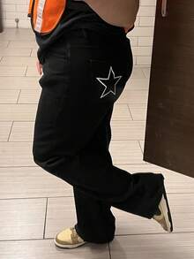 Star Print Straight Leg Jeans - Black - View 3