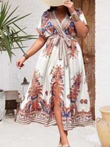 Franclia 大尺碼V領花卉全印花腰帶高中裂短袖夏季連衣裙 - 白色 - 查看 3