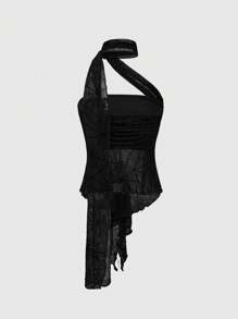 ROMWE Goth Y2K 风格性感露脐蜘蛛网可拆卸短款女式上衣 - 黑色 - 查看 2