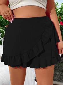 SHEIN Clasi Plus Size Women Summer Plain Ruffle Hem Wrap Casual Black Skort Black Skirt Womengirl Black Skirtblack Skirt - Black - View 4