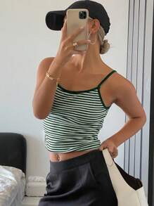 Livesso Áo hai dây sọc thường ngày cho nữ cho mùa hè - màu xanh lá - Xem 5