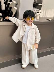 SHEIN Little Byeori 2pcs Young Boys Korean Style Casual College Oversized Solid Color 2 In 1 Long Sleeve Collar Pocket Cardigan Shirt And Elastic Waist Straight Leg Pants Set, Suitable For Outings, School, Festivals, Parties, Fleece Thickened - Khaki - View 7